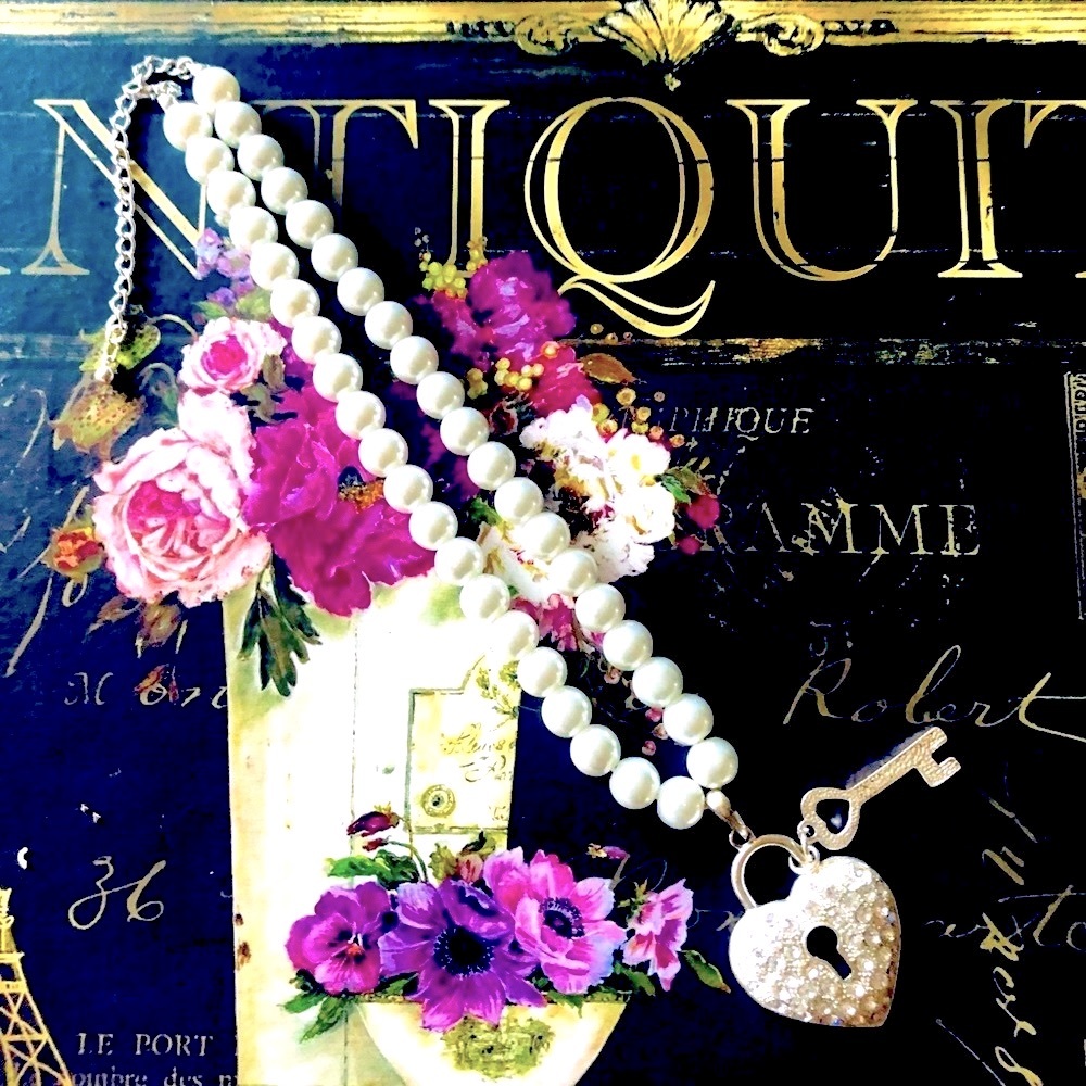 Faux Pearl Strand with Heart & Key Necklace in Silver tone